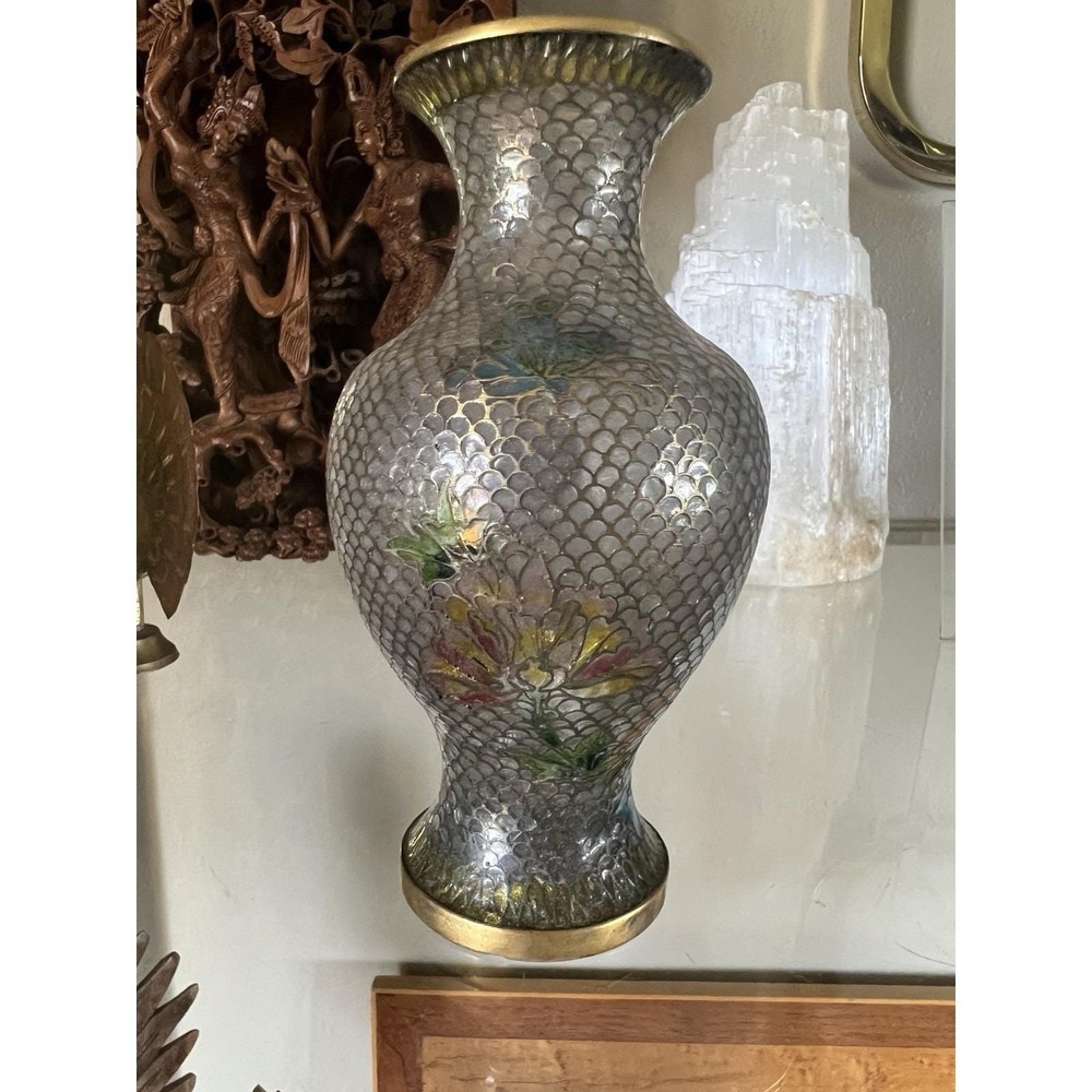 Vintage Cloisonne Enamel Floral Vase Silver Fish Scale Pattern Turquoise Base 5" - Picture 11 of 11